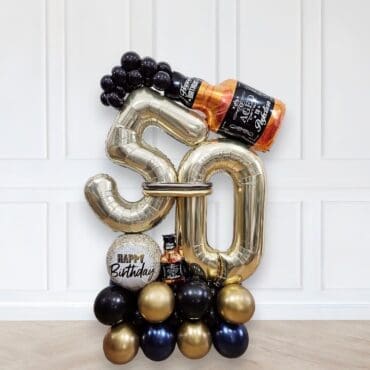White Gold Whiskey Perfection Double Digit Deluxe Balloon Centerpiece  -Whisky Bottle