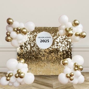 Graduation Shinny Gold Shimmer Backdrop with Balloon Garlands