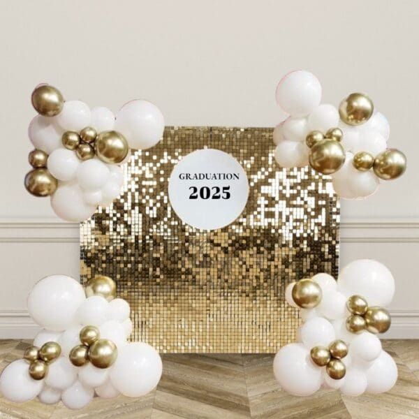 Graduation Shinny Gold Shimmer Backdrop with Balloon Garlands