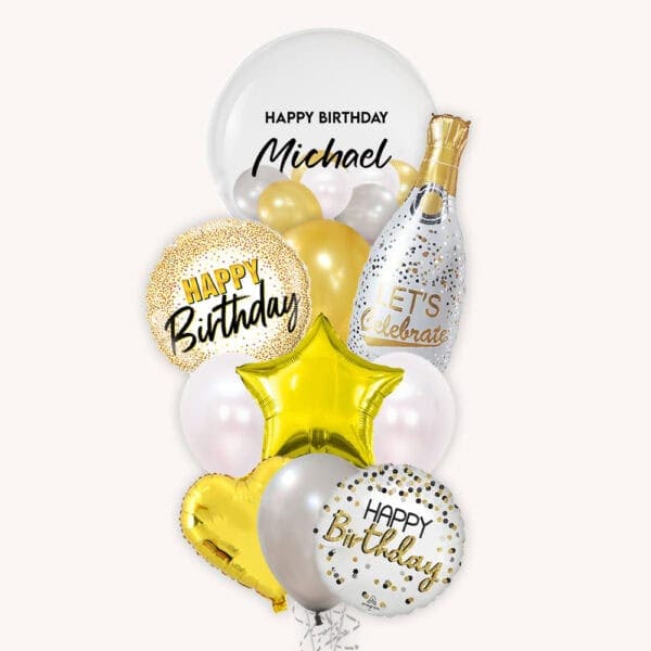Happy Birthday White Champagne Deluxe Balloon Bouquet