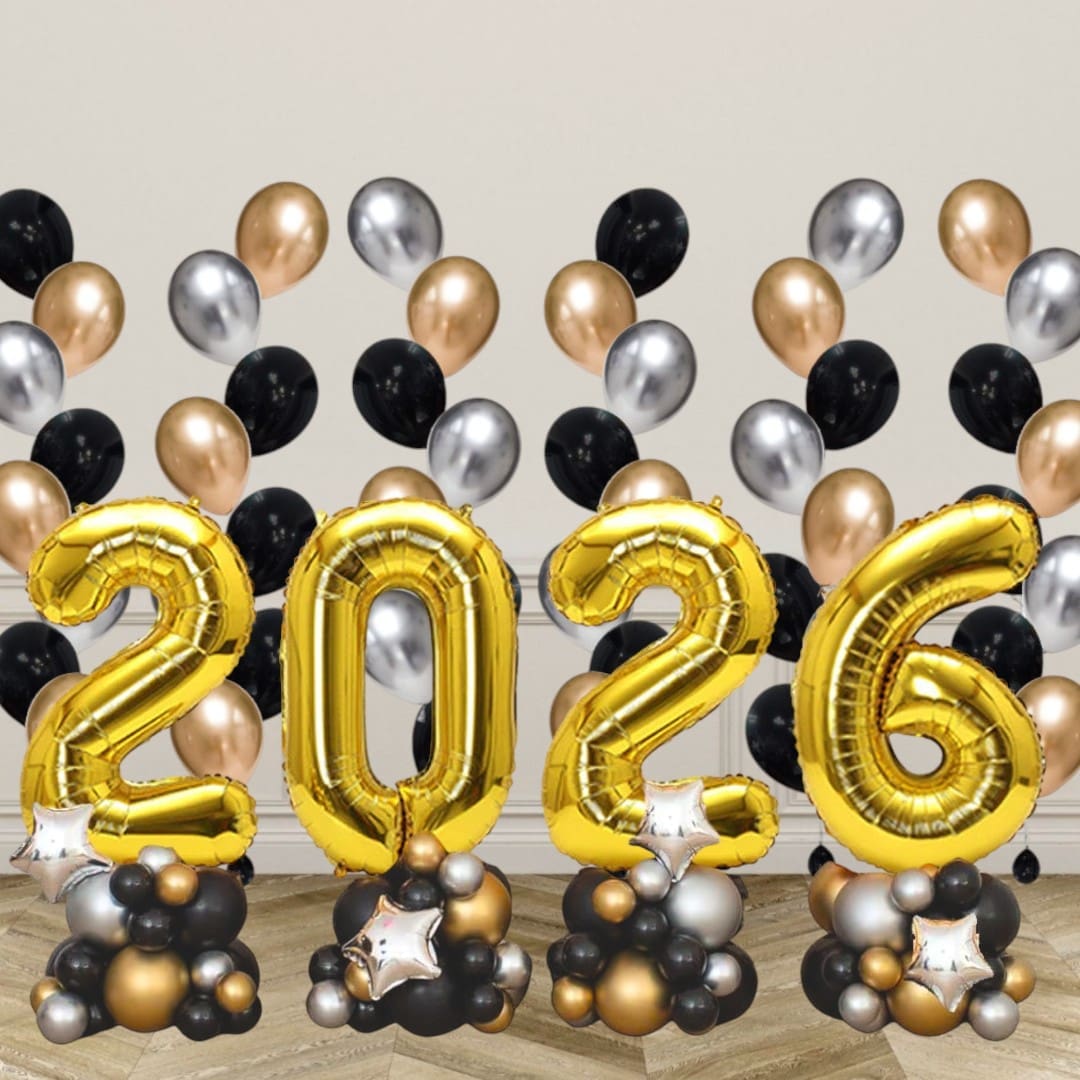 Happy New Year 2026 Glam Balloon Pearls Backdrop Display
