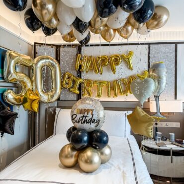 Elegant Black Gold Birthday Cheers Hotel Room Balloon Package