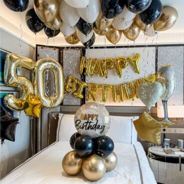 Elegant Black Gold Birthday Cheers Hotel Room Balloon Package
